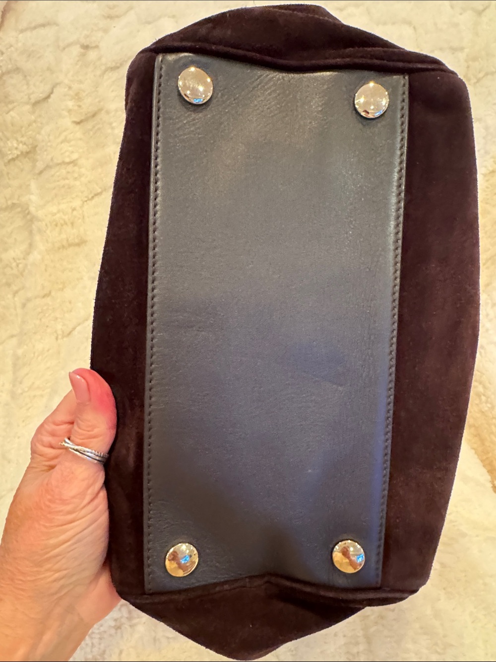 Jimmy Choo Brown Suede Satchel with Gold Stud Detailing - Picture 7 of 12